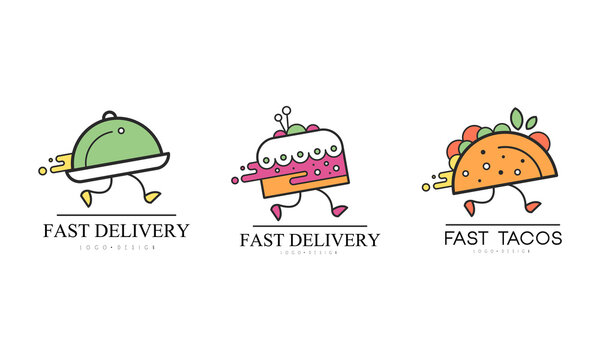 Fast Delivery Logo Design Set, Food Service, Cafe, Restaurant, Catering Business Labels, Badges Cartoon Vector Illustration