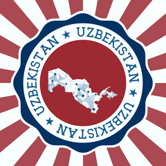Uzbekistan Badge. Round logo of the country with a triangular mesh map and radial rays. EPS10 Vector.