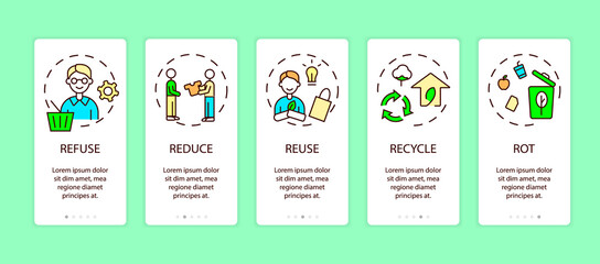Zero waste app page screen with concepts. Refuse, reduce, reuse, recycle, rot ideas