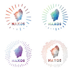 Naxos low poly sunburst set. Logo of island in geometric polygonal style. Vector illustration.