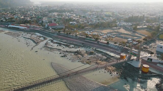 Aerial view of Laxman Jhula in Rishikesh, Uttarakhand
