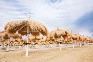 Palm umbrellas on the beach in Pescara (Abruzzo)