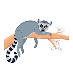 Lemur on a tree. Animal lies on a tree. Character for a childrens poster, postcard, decor. Vector illustration on isolated background.
