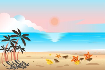Fototapeta na wymiar Sun, sparkling ocean and palms with starfish and seashells on the sandy beach, vector illustration