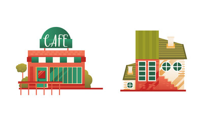Fototapeta premium City or Suburban Buildings Set, Brick Cottage and Street Cafe Building Flat Vector Illustration