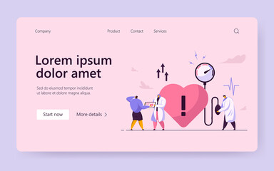 Fototapeta premium Tiny doctors treating heart disease. Medical checkup, high blood pressure, cardiology flat vector illustration. Medicine, diagnosis, examination concept for banner, website design or landing web page