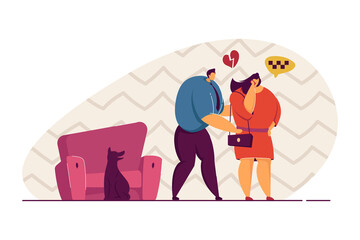 Couple having argument vector illustration. Woman going away, calling taxi. Man is heartbroken, trying to get well with her. Relationship trouble concept for banner, website design or landing web page