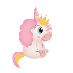 Cute cartoon baby girl unicorn with crown. Vector illustration.