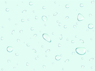 Realistic 3d vector illustration, macro. Condensation water drops on blue background. Rain drops with light reflection, abstract wet texture, scattered pure aqua blobs pattern, liquid