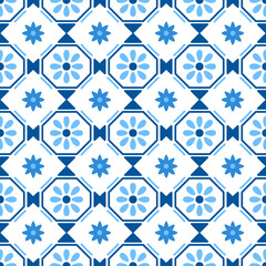 Ceramic tile pattern made in Mediterranean style inspired by Portuguese, Sicilian and Spanish tile traditional design. Vector seamless blue white background.