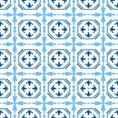 Ceramic tile pattern made in Mediterranean style inspired by Portuguese, Sicilian and Spanish tile traditional design. Vector seamless blue white background.