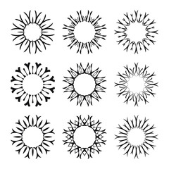Decorative black sun symbols collection. Set of linear drawing sun rays isolated on white background. Vector design elements