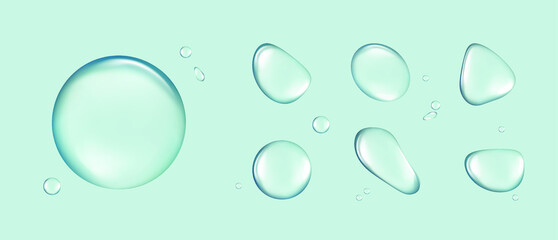 Set of transparent water drops of different shapes isolated on a blue background, vector illustration, liquid, 3d illustration - obrazy, fototapety, plakaty