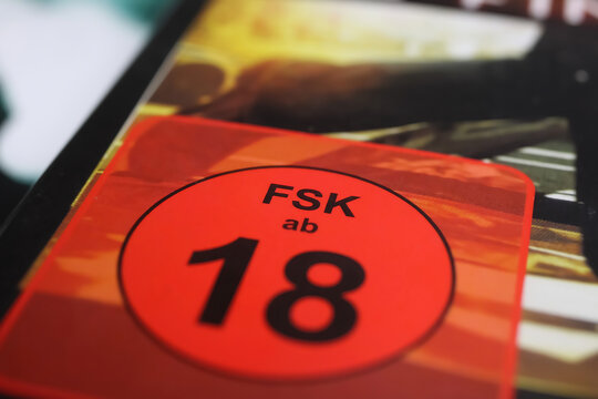 Viersen, Germany - May 9. 2021:  Closeup of isolated german FSK rating logo meaning no release to young persons (released only to age 18 or older).(focus on lower part of letter S)