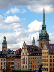 Old Town Stockholm skyline with church spire.