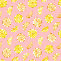 Seamless pattern with watercolor lemon and orange slices. Hand drawn illustration is on pink background. Bright ornament is perfect for natural design, wallpaper, linens, fabric textile, scrapbooking