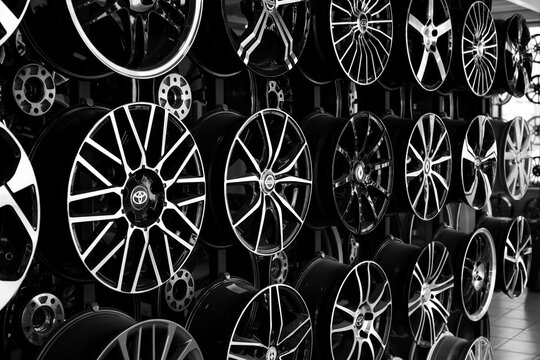 Anapa, Russia - 05,22,2021: Shop selling wheels and alloy wheels. Showcase with discs of different brands