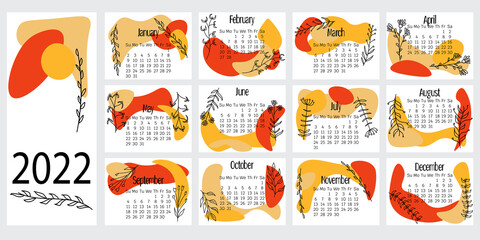 Calendar for 2022, horizontal sheets in lettering proportions, week starts on Sunday, Abstract spots in orange shades and linear doodle plants for decoration