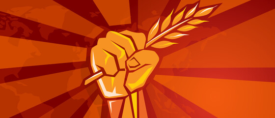 hand holding grain wheat rice crop symbol of revolution fight for prosperity food freedom victory - obrazy, fototapety, plakaty