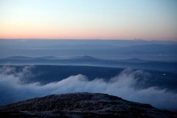 mountains in the fog