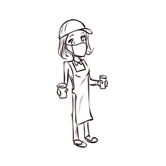 ПечатьCoffee seller. Work for a teenager. Teenager work on vacation. Hand drawn cartoon vector.