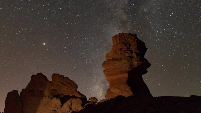 Night sky with the Milky Way next to the Roque Cinchado in Teide
