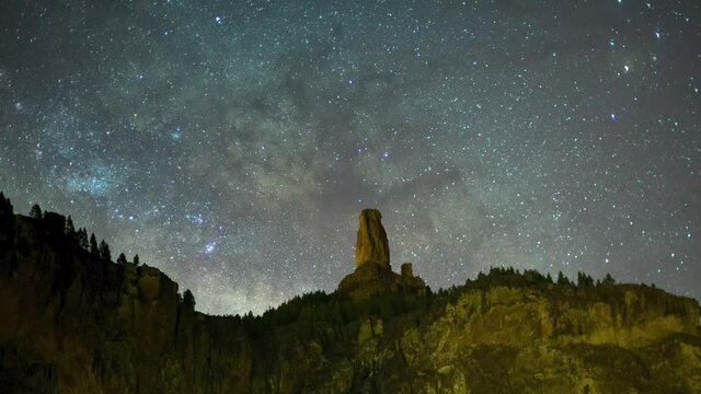 Night sky with the Milky Way next to the Roque Nublo in Gran Canaria