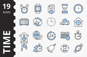 Time and clock - icon set. Outline colored symbols collection. Simple linear vector illustration.