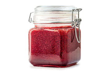 Strawberry jam glass jar isolated on white background