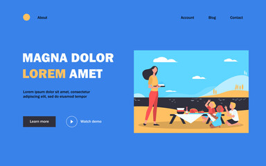 Woman and children having picnic at river. Nature, together, family. Flat vector illustration. Food and family amusement concept can be used for presentations, banner, website design, landing web page