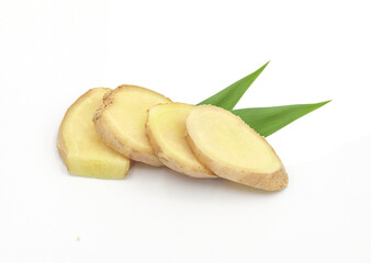 Fresh ginger with leaves isolated on white background