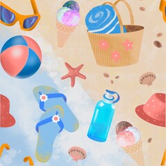 Seamless, endless pattern with beach accessories. Summer vacation, everything you need on the sea beach. Hot summer concept.