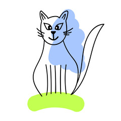 Vector illustration with hand drawn smiling cat sitting on grass in simple style, image for kids design,poster, wallpaper, cloth print, trend drawing, logo for veterinary, web usage. 