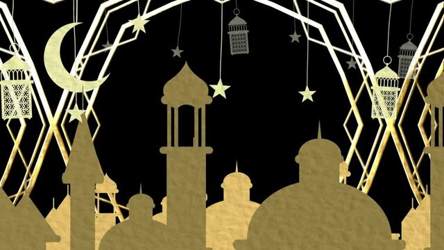 Animation of golden arabic style rooftops, moon, lamps and stars with kaleidoscope lines on black