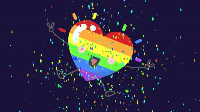 Animation of smiling rainbow filled heart shape and falling confetti on black