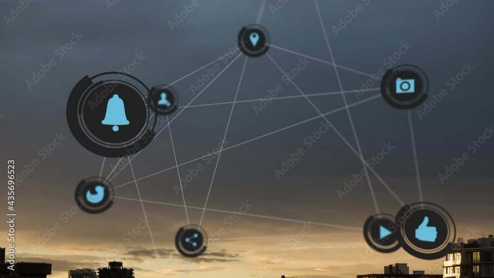 Sticker Animation of online digital icons over stormy sky and cityscape