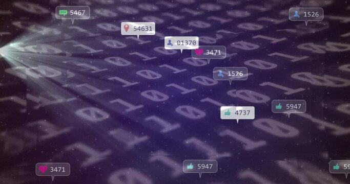Animation of social media icons on banners over binary coding