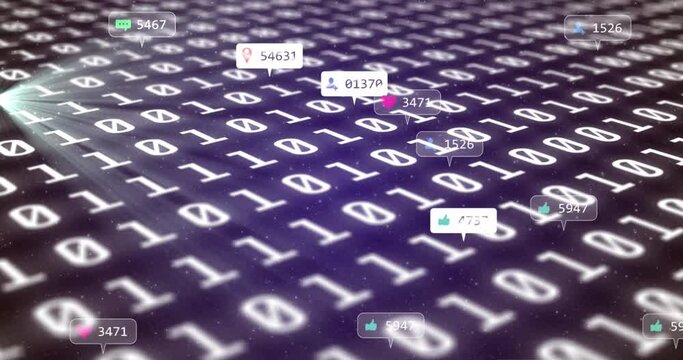 Animation of social media icons on banners over binary coding