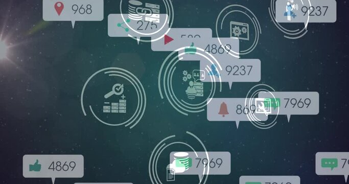 Animation of social media icons on banners over scopes scanning and data processing