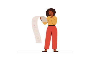 Nervous woman holds to-do list with red ticks. African American female employee has no time to do her work tasks. Deadline and time management concept. Vector illustration