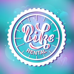 Handdrawn vector illustration with color lettering on textured background Bike rental for bicycle share, service, rent, logo, club, advertising, information poster, website, messages, banner, template