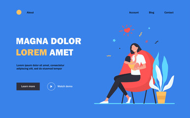 Happy new mom holding baby in arms. Breastfeeding, mother with child flat vector illustration. New parent, motherhood, parenthood concept for banner, website design or landing web page