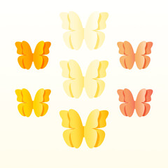 Papierowe żółte motyle unoszące się na jasnym tle. Wzór dla życzeń na Dzień Matki, Dzień Dziecka, tło dla broszur, voucher, social media stories. - obrazy, fototapety, plakaty