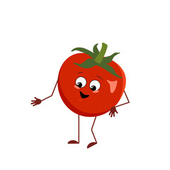 Cute tomato character with joy emotions, smiling face, happy eyes, arms and legs. A mischievous red vegetable hero with eyes