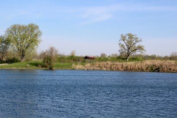 A beautiful view of the lake in the country.