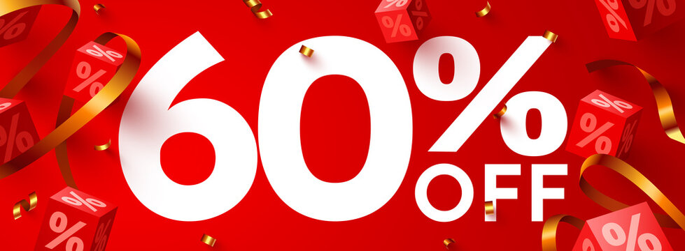 60 Percent Off. Discount Creative Composition. 3d Mega Sale Symbol With Decorative Objects. Sale Banner And Poster.