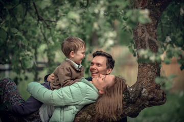 Cute little boy, his mother and his father are laughing and having fun together on the blossoming apple tree in the spring. Image with selective focus and toning