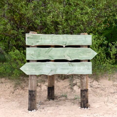 Signpost standing in the sand against a background of greenery, three empty boards, you can write any text