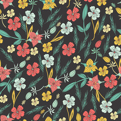 Floral seamless pattern. Hand drawn flowers and leaves on dark background. Vector illustration.