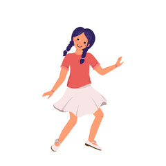 A girl with purple hair and braids in a blouse, skirt and shoes is dancing. Happy cute kid smiling. Teenager with a face in casual clothes. World international children day.